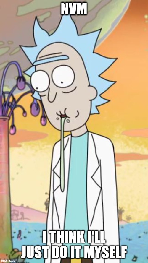 Just remembered all of imgflip is asleep, now is probably a bad time to ask for requests | NVM; I THINK I'LL JUST DO IT MYSELF | image tagged in rick sanchez drooling rick and morty | made w/ Imgflip meme maker
