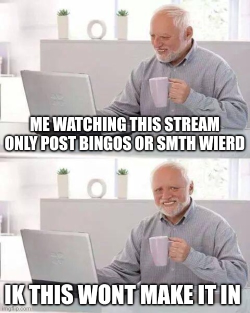 Hide the Pain Harold | ME WATCHING THIS STREAM ONLY POST BINGOS OR SMTH WIERD; IK THIS WONT MAKE IT IN | image tagged in memes,hide the pain harold | made w/ Imgflip meme maker