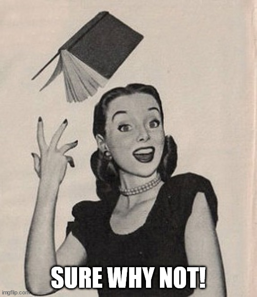 Throwing book vintage woman | SURE WHY NOT! | image tagged in throwing book vintage woman | made w/ Imgflip meme maker
