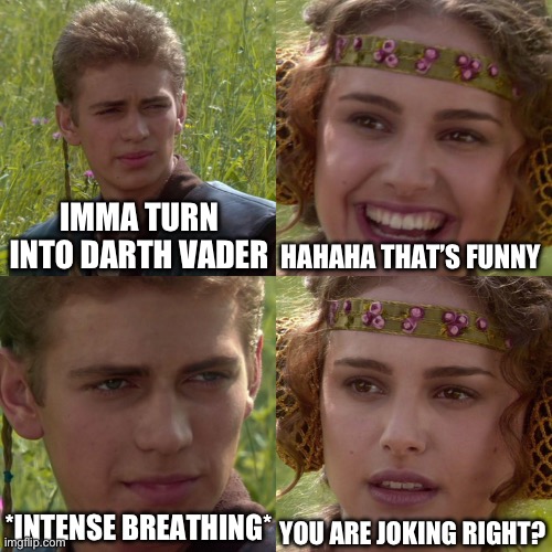 Would’ve been funny if this happened in Star Wars | IMMA TURN INTO DARTH VADER; HAHAHA THAT’S FUNNY; YOU ARE JOKING RIGHT? *INTENSE BREATHING* | image tagged in anakin padme 4 panel,darth vader,funny,star wars | made w/ Imgflip meme maker
