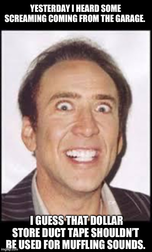Scream | YESTERDAY I HEARD SOME SCREAMING COMING FROM THE GARAGE. I GUESS THAT DOLLAR STORE DUCT TAPE SHOULDN’T BE USED FOR MUFFLING SOUNDS. | image tagged in crazy nick cage | made w/ Imgflip meme maker