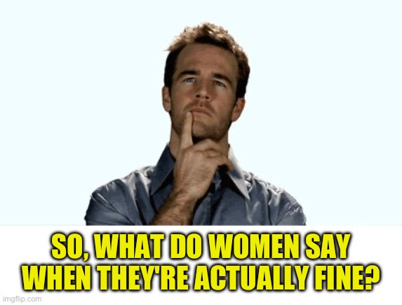 Fine | SO, WHAT DO WOMEN SAY WHEN THEY'RE ACTUALLY FINE? | image tagged in hmmm | made w/ Imgflip meme maker