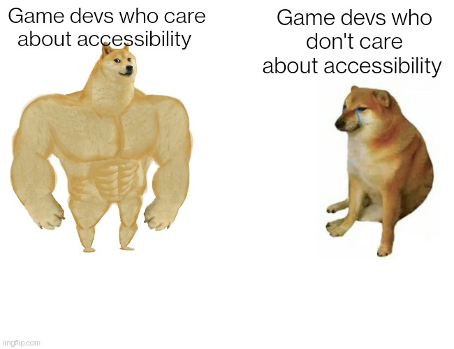 Accessibility doge | Game devs who care about accessibility; Game devs who don't care about accessibility | image tagged in memes,buff doge vs cheems | made w/ Imgflip meme maker