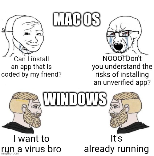 Windows vs Mac | MAC OS; NOOO! Don't you understand the risks of installing an unverified app? Can I install an app that is coded by my friend? WINDOWS; It's already running; I want to run a virus bro | image tagged in chad we know,windows,mac,apple,microsoft | made w/ Imgflip meme maker