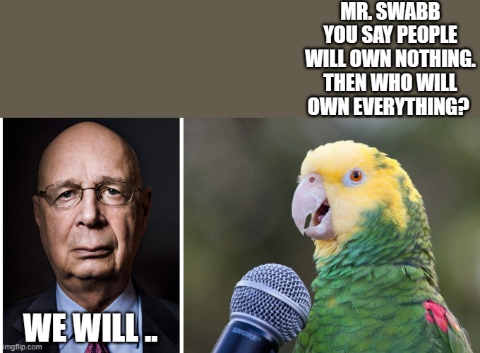 MR. SWABB YOU SAY PEOPLE WILL OWN NOTHING. THEN WHO WILL OWN EVERYTHING? WE WILL .. | made w/ Imgflip meme maker