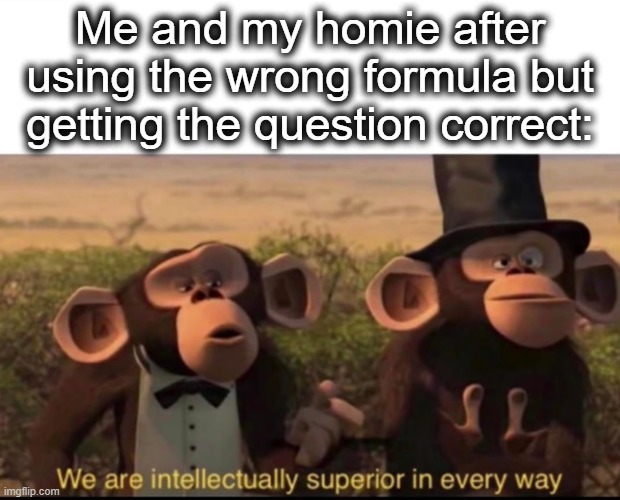 way too smart | Me and my homie after using the wrong formula but getting the question correct: | image tagged in we are intellectually superior in every way,smart,math,school,monkey,lol | made w/ Imgflip meme maker