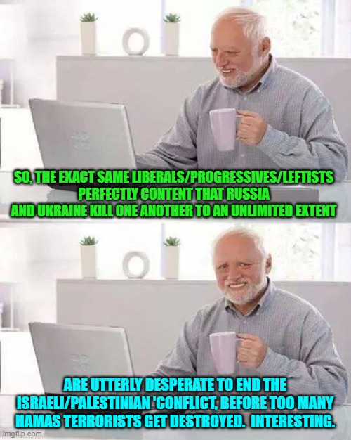 They are pro Russia/Ukraine war but anti HAMAS/Israeli war. | SO, THE EXACT SAME LIBERALS/PROGRESSIVES/LEFTISTS PERFECTLY CONTENT THAT RUSSIA AND UKRAINE KILL ONE ANOTHER TO AN UNLIMITED EXTENT; ARE UTTERLY DESPERATE TO END THE ISRAELI/PALESTINIAN 'CONFLICT, BEFORE TOO MANY HAMAS TERRORISTS GET DESTROYED.  INTERESTING. | image tagged in memes,hide the pain harold | made w/ Imgflip meme maker