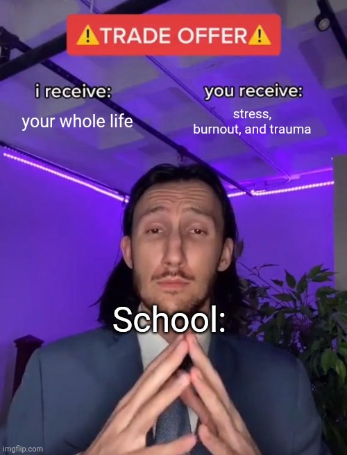 Trade Offer | your whole life; stress, burnout, and trauma; School: | image tagged in trade offer | made w/ Imgflip meme maker