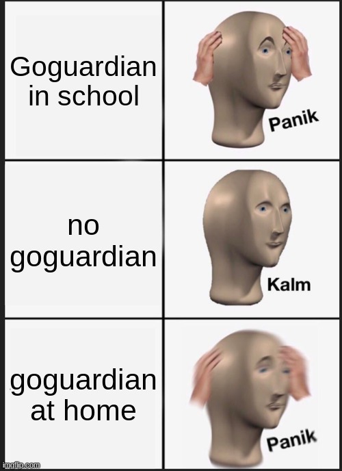 moderator note: I FEEL YOUR PAIN | Goguardian in school; no goguardian; goguardian at home | image tagged in memes,panik kalm panik | made w/ Imgflip meme maker