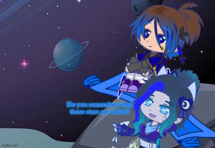 Nothing beats star gazing in Underlunar after a long day (a small thing with my creator!verse characters) | Do you remember what those stars are called? | image tagged in gacha,oc | made w/ Imgflip meme maker