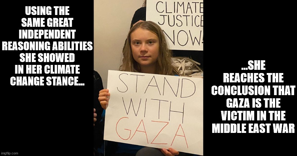 You Can't Fix Stupid! | USING THE SAME GREAT INDEPENDENT REASONING ABILITIES SHE SHOWED IN HER CLIMATE CHANGE STANCE... ...SHE REACHES THE CONCLUSION THAT GAZA IS THE VICTIM IN THE MIDDLE EAST WAR | image tagged in greta thunberg,stupid signs | made w/ Imgflip meme maker
