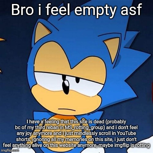 bruh | Bro i feel empty asf; I have a feeling that this site is dead (probably bc of my third reban in MS_rotting_group) and i don't feel any joy anymore and i just mindlessly scroll in YouTube shorts, ignoring all my memories on this site, i just don't feel anything alive on this website anymore, maybe imgflip is rotting | image tagged in bruh | made w/ Imgflip meme maker