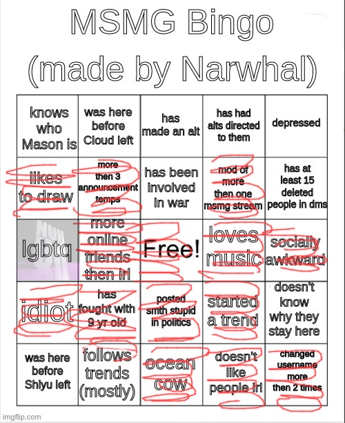 msmg bingo | image tagged in msmg bingo | made w/ Imgflip meme maker