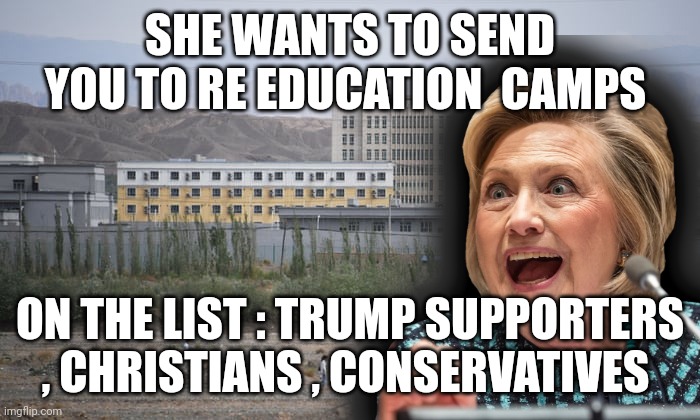 Hillary Clinton | SHE WANTS TO SEND YOU TO RE EDUCATION  CAMPS; ON THE LIST : TRUMP SUPPORTERS , CHRISTIANS , CONSERVATIVES | image tagged in hillary clinton | made w/ Imgflip meme maker