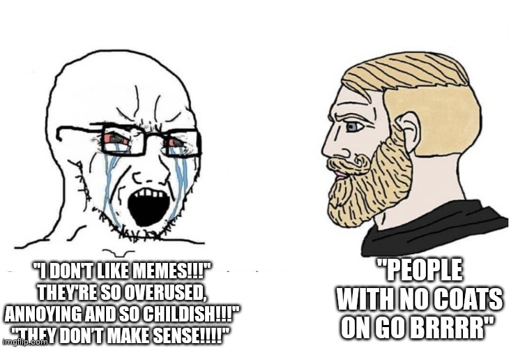 Soyboy Vs Yes Chad | "I DON'T LIKE MEMES!!!" THEY'RE SO OVERUSED, ANNOYING AND SO CHILDISH!!!" "THEY DON’T MAKE SENSE!!!!"; "PEOPLE WITH NO COATS ON GO BRRRR" | image tagged in soyboy vs yes chad | made w/ Imgflip meme maker
