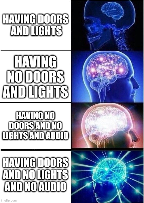 fnaf games logic be like | HAVING DOORS  AND LIGHTS; HAVING NO DOORS AND LIGHTS; HAVING NO DOORS AND NO LIGHTS AND AUDIO; HAVING DOORS AND NO LIGHTS AND NO AUDIO | image tagged in memes,expanding brain | made w/ Imgflip meme maker