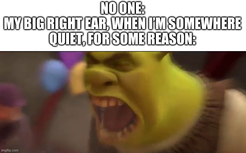 WHY EAR, WHY!! | NO ONE:
MY BIG RIGHT EAR, WHEN I’M SOMEWHERE QUIET, FOR SOME REASON: | image tagged in shrek screaming,relatable memes,funny | made w/ Imgflip meme maker