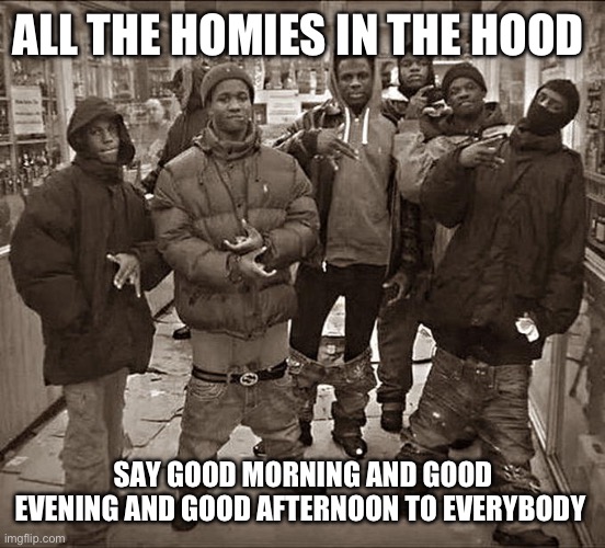 All My Homies Hate | ALL THE HOMIES IN THE HOOD; SAY GOOD MORNING AND GOOD EVENING AND GOOD AFTERNOON TO EVERYBODY | image tagged in all my homies hate | made w/ Imgflip meme maker