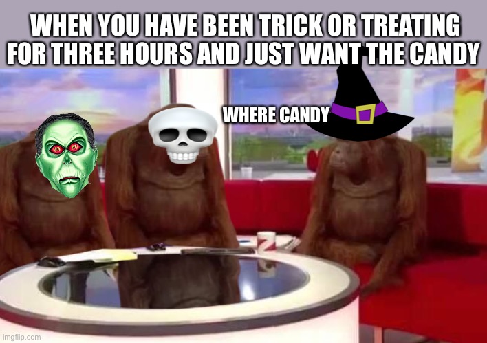 Not going to be me tho | WHEN YOU HAVE BEEN TRICK OR TREATING FOR THREE HOURS AND JUST WANT THE CANDY; WHERE CANDY | image tagged in where monkey | made w/ Imgflip meme maker