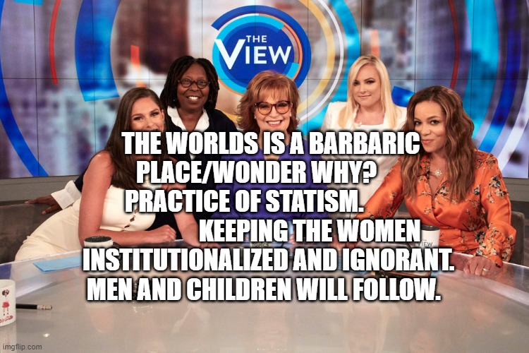 The View | THE WORLDS IS A BARBARIC PLACE/WONDER WHY?      
     PRACTICE OF STATISM.                                 KEEPING THE WOMEN INSTITUTIONALIZED AND IGNORANT.  MEN AND CHILDREN WILL FOLLOW. | image tagged in the view | made w/ Imgflip meme maker