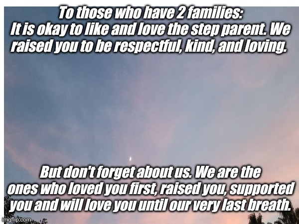 To those who have 2 families:
It is okay to like and love the step parent. We raised you to be respectful, kind, and loving. But don't forget about us. We are the ones who loved you first, raised you, supported you and will love you until our very last breath. | image tagged in family,mom,dad,step parents | made w/ Imgflip meme maker
