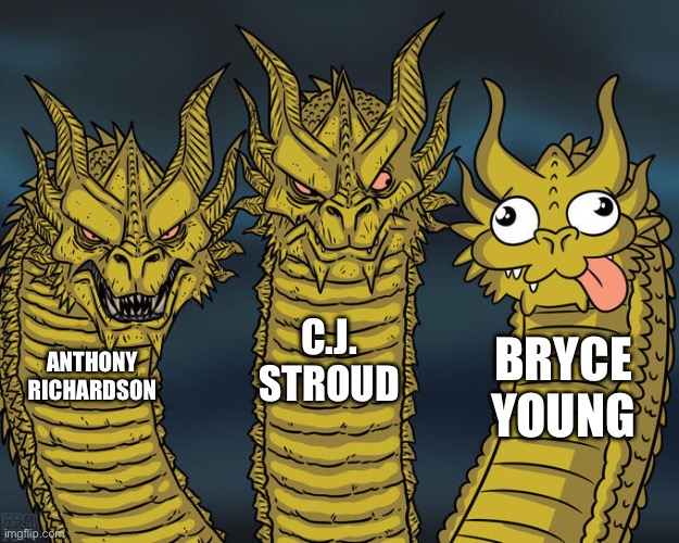 Bryce “Bust” Young | C.J. STROUD; BRYCE YOUNG; ANTHONY RICHARDSON | image tagged in three-headed dragon,carolina panthers,houston texans | made w/ Imgflip meme maker