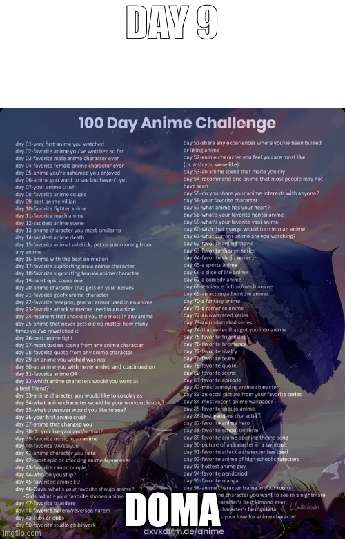 Day 9 | DAY 9; DOMA | image tagged in 100 day anime challenge,anime | made w/ Imgflip meme maker