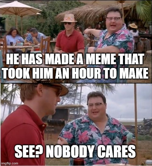 the internet is unfair | HE HAS MADE A MEME THAT TOOK HIM AN HOUR TO MAKE; SEE? NOBODY CARES | image tagged in memes,see nobody cares,internet,is,unfair | made w/ Imgflip meme maker