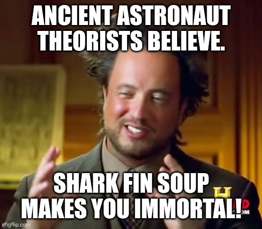 Ancient Aliens | ANCIENT ASTRONAUT THEORISTS BELIEVE. SHARK FIN SOUP MAKES YOU IMMORTAL! | image tagged in memes,ancient aliens | made w/ Imgflip meme maker