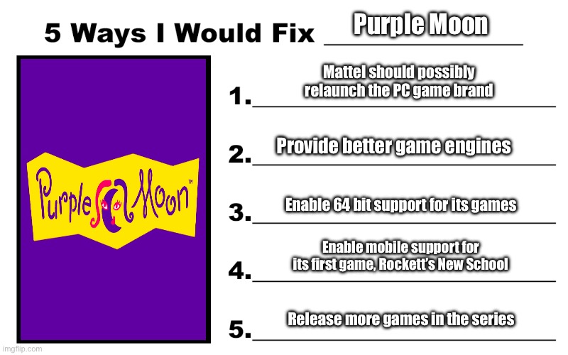 5 Ways I Would Fix Purple Moon | Purple Moon; Mattel should possibly relaunch the PC game brand; Provide better game engines; Enable 64 bit support for its games; Enable mobile support for its first game, Rockett’s New School; Release more games in the series | image tagged in girl,computer games,90s,feminine,windows,pc | made w/ Imgflip meme maker