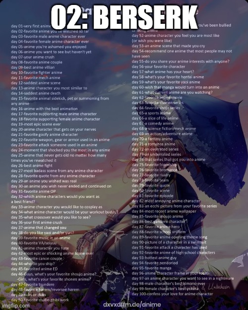 As a gamer i don't care that much about graphics and so i think even 2016 one is okay | 02: BERSERK | image tagged in 100 day anime challenge,berserk | made w/ Imgflip meme maker