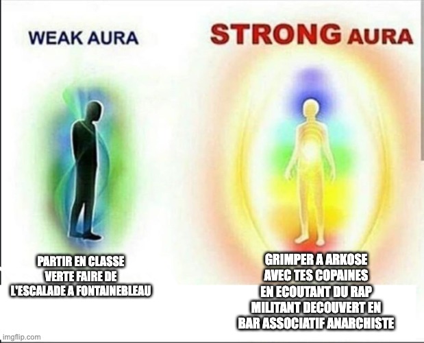 weak aura vs strong aura | GRIMPER A ARKOSE AVEC TES COPAINES EN ECOUTANT DU RAP MILITANT DECOUVERT EN BAR ASSOCIATIF ANARCHISTE; PARTIR EN CLASSE VERTE FAIRE DE L'ESCALADE A FONTAINEBLEAU | image tagged in weak aura vs strong aura | made w/ Imgflip meme maker