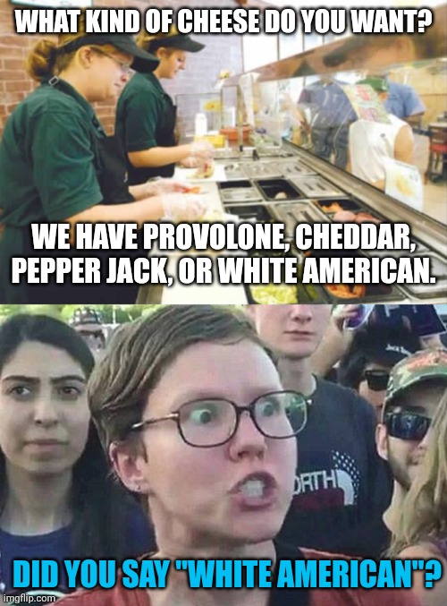 WHAT KIND OF CHEESE DO YOU WANT? WE HAVE PROVOLONE, CHEDDAR, PEPPER JACK, OR WHITE AMERICAN. DID YOU SAY "WHITE AMERICAN"? | image tagged in subway,triggered liberal | made w/ Imgflip meme maker