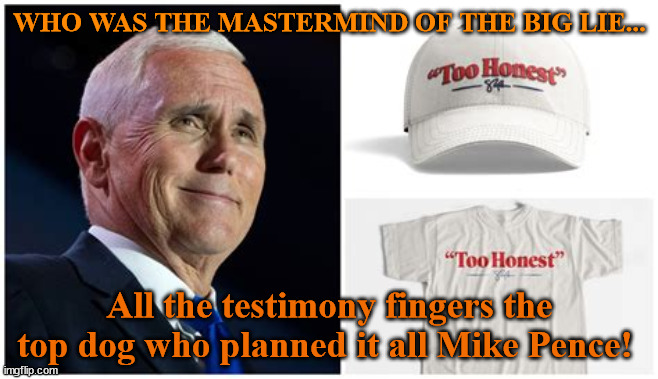 Mastermind of Big Lie? | WHO WAS THE MASTERMIND OF THE BIG LIE... All the testimony fingers the top dog who planned it all Mike Pence! | image tagged in mike pence,donald trump,big lie,racklteering,maga,election tampering | made w/ Imgflip meme maker