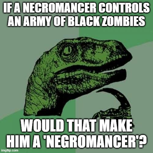 Philosoraptor | IF A NECROMANCER CONTROLS AN ARMY OF BLACK ZOMBIES; WOULD THAT MAKE HIM A 'NEGROMANCER'? | image tagged in memes,philosoraptor | made w/ Imgflip meme maker