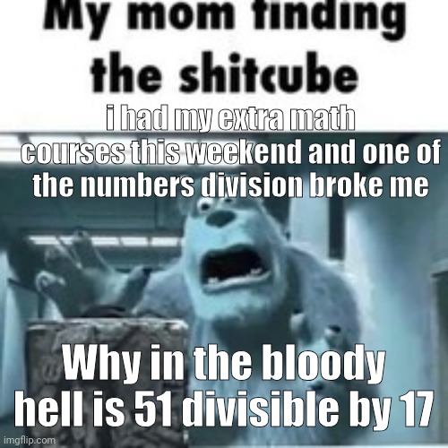 i do not trust numbers with 7 they are weird multiplied or divised | i had my extra math courses this weekend and one of the numbers division broke me; Why in the bloody hell is 51 divisible by 17 | image tagged in my mom finding the shitcube | made w/ Imgflip meme maker