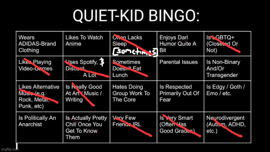 Quiet Kid Bingo | image tagged in quiet kid bingo,idk stuff s o u p carck | made w/ Imgflip meme maker