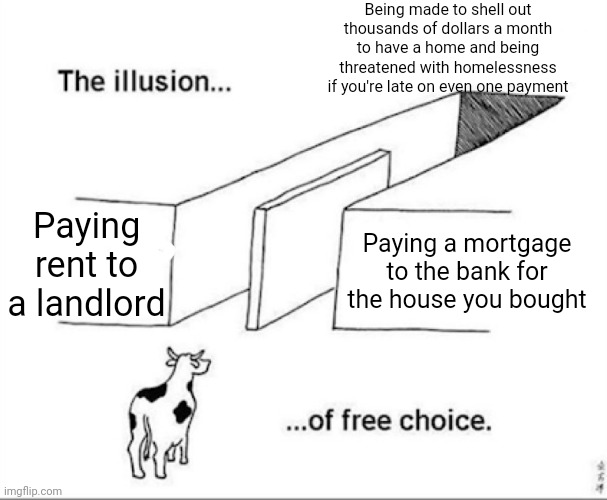 Even if you buy a house, paying mortgage to the bank makes you feel like you're living under a the rule of a landlord | Being made to shell out thousands of dollars a month to have a home and being threatened with homelessness if you're late on even one payment; Paying rent to a landlord; Paying a mortgage to the bank for the house you bought | image tagged in illusion of free choice,landlords,banks,class struggle,real estate | made w/ Imgflip meme maker