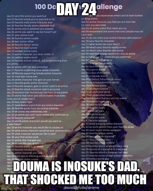 Day 24 | DAY 24; DOUMA IS INOSUKE'S DAD. THAT SHOCKED ME TOO MUCH | image tagged in 100 day anime challenge | made w/ Imgflip meme maker