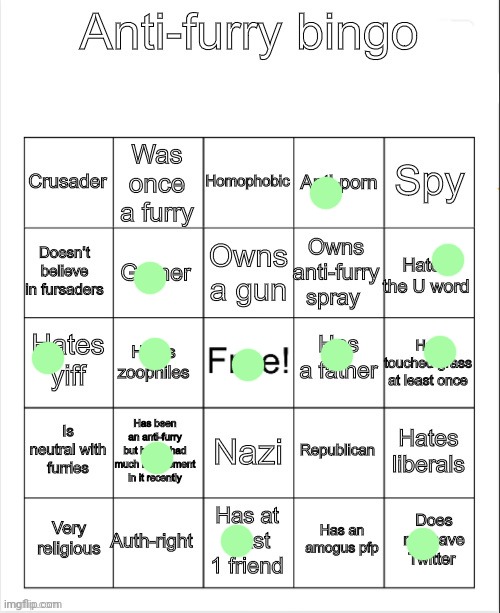 Finally went around to doing it. | image tagged in anti-furry bingo | made w/ Imgflip meme maker