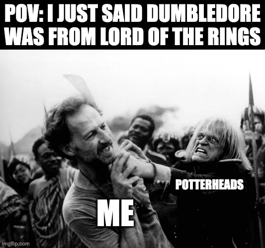 Dumbledore? Like, from LOTR? | POV: I JUST SAID DUMBLEDORE WAS FROM LORD OF THE RINGS; POTTERHEADS; ME | image tagged in kinski is pissed,dumbledore,gandalf,lord of the rings,harry potter,fandoms | made w/ Imgflip meme maker