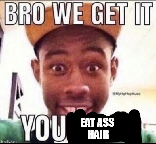 BRO WE GET IT YOU'RE GAY | EAT ASS 
HAIR | image tagged in bro we get it you're gay | made w/ Imgflip meme maker