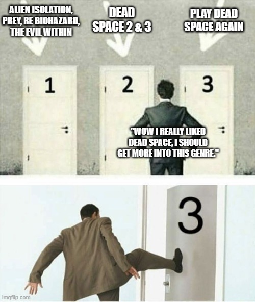 I own all of these games yet I keep playing the same one. | ALIEN ISOLATION, PREY, RE BIOHAZARD,
THE EVIL WITHIN; DEAD SPACE 2 & 3; PLAY DEAD SPACE AGAIN; "WOW I REALLY LIKED DEAD SPACE, I SHOULD GET MORE INTO THIS GENRE." | image tagged in three doors | made w/ Imgflip meme maker
