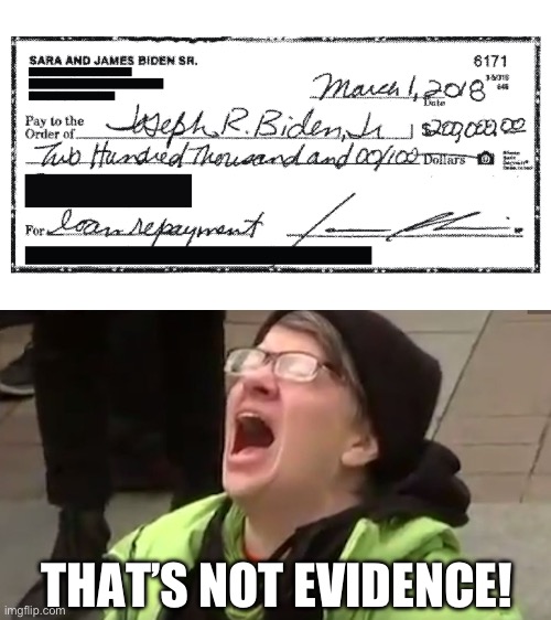 Direct evidence of corruption. | THAT’S NOT EVIDENCE! | image tagged in screaming liberal,politics,joe biden,stupid liberals,liberal hypocrisy,government corruption | made w/ Imgflip meme maker