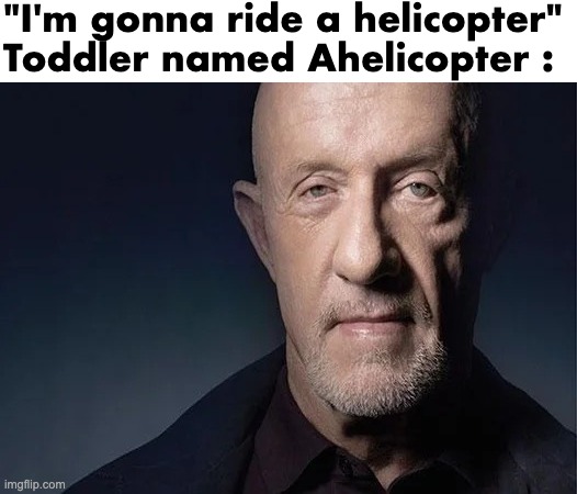 Helm gnaw | "I'm gonna ride a helicopter"
Toddler named Ahelicopter : | image tagged in memes,funny,relatable,helicopter,status,front page plz | made w/ Imgflip meme maker