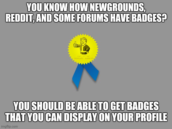 Why haven't this been a thing? | YOU KNOW HOW NEWGROUNDS, REDDIT, AND SOME FORUMS HAVE BADGES? YOU SHOULD BE ABLE TO GET BADGES THAT YOU CAN DISPLAY ON YOUR PROFILE | made w/ Imgflip meme maker