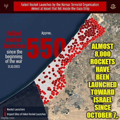 550 failures to launch and fly straight enough for Joe Biden. Too bad. | ALMOST 8,000 ROCKETS HAVE BEEN LAUNCHED TOWARD ISRAEL SINCE OCTOBER 7,. | image tagged in hamas,missiles,gaza | made w/ Imgflip meme maker