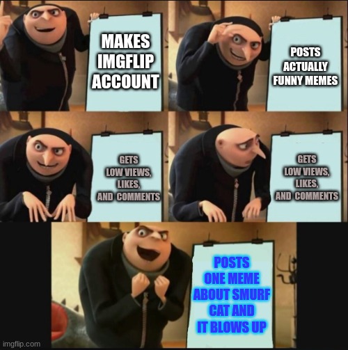 Posting memes be like | MAKES IMGFLIP ACCOUNT; POSTS ACTUALLY FUNNY MEMES; GETS LOW VIEWS, LIKES, AND  COMMENTS; GETS LOW VIEWS, LIKES, AND  COMMENTS; POSTS ONE MEME ABOUT SMURF CAT AND IT BLOWS UP | image tagged in 5 panel gru meme,imgflip,imgflip users,memes,posting,trends | made w/ Imgflip meme maker