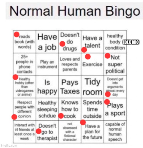 Grr | IDEK BRO | image tagged in normal human bingo | made w/ Imgflip meme maker