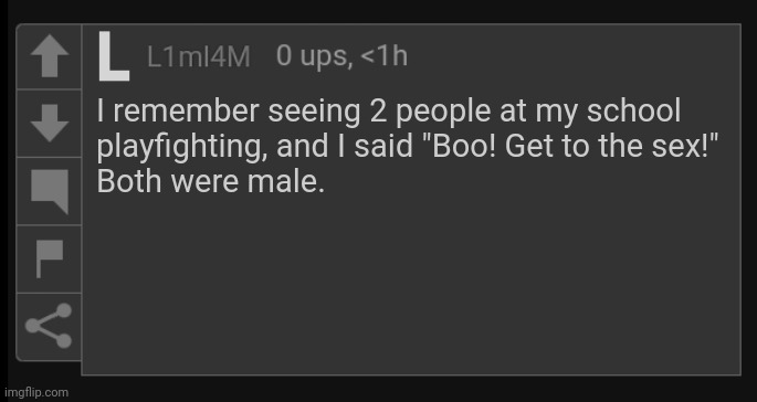 L1M_L4M blank comment | I remember seeing 2 people at my school
playfighting, and I said "Boo! Get to the sex!"
Both were male. | image tagged in l1m_l4m blank comment,school | made w/ Imgflip meme maker